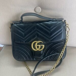 Like Gucci Black Leather Top Handle Crossbody with Gold Double G